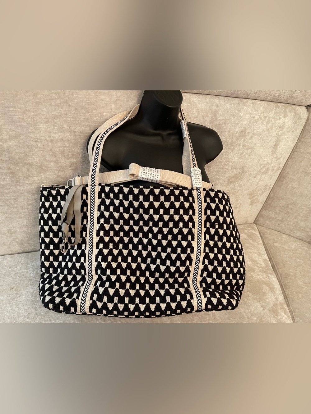 NWT America and Beyond Embroidered Black Floral Tote Bag with Accent Pom Trim - Picture 7 of 15